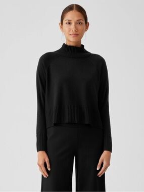 Eileen Fisher Merino Wool Jersey Cropped Turtleneck Sweater | Black | Size Small